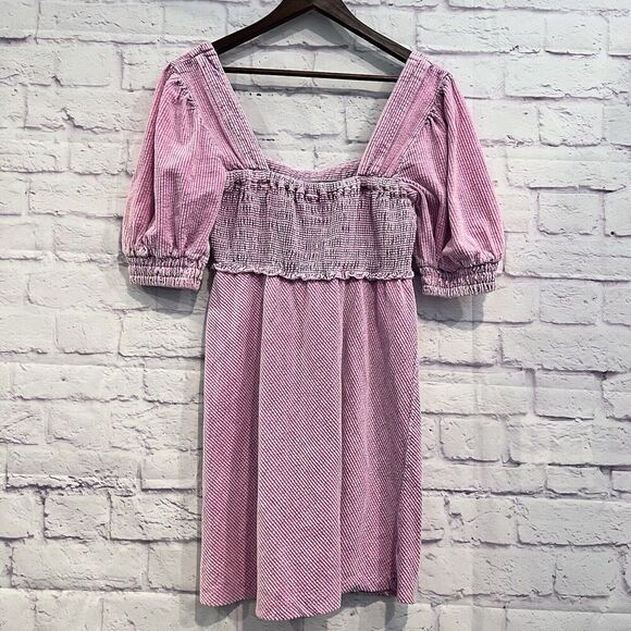 Free People Moon Flower Corduroy Mini Dress Size Medium Pink Puff Sleeve - Picture 3 of 12